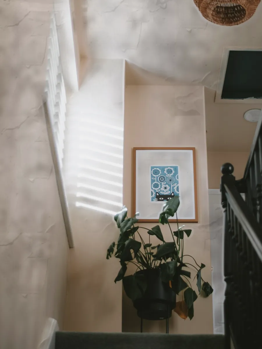 La même cage d'escalier, murs ternis et défraîchis